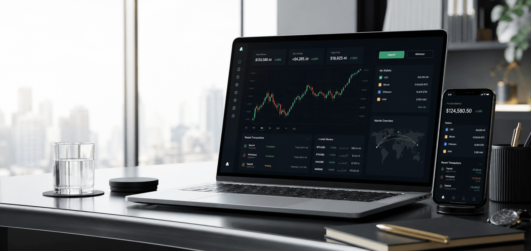 IntelliTrade financial dashboard on laptop and mobile screens
